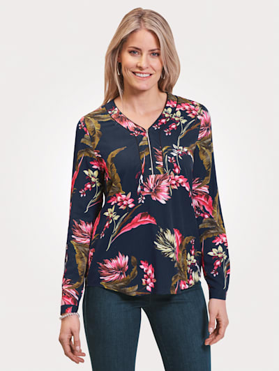 Pull-on blouse with a floral print in complementary colours