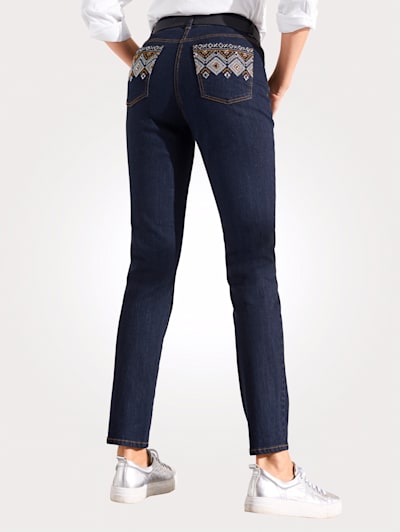 Jeans with contrast stitching, sequins and shimmering thread